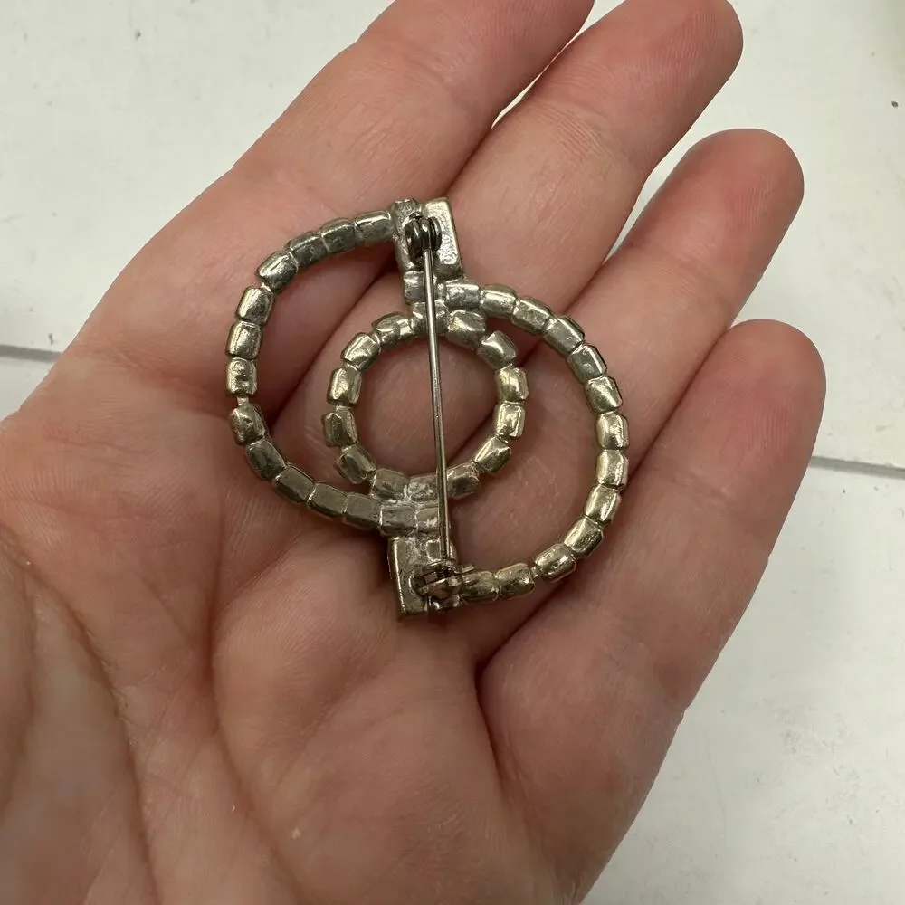 Vintage Rhinestone Encrusted Silvertone Pin Brooch Semi Circles